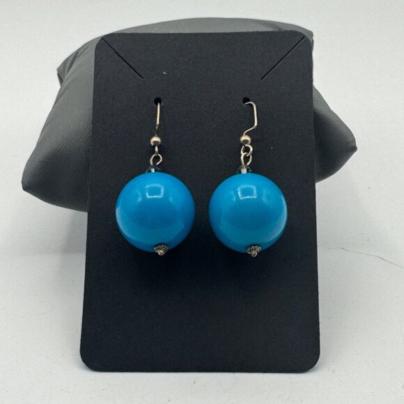 Teal Blue Sphere Drop Earrings With Gold-Tone Hooks & Crystal Accents - Picture 1 of 4